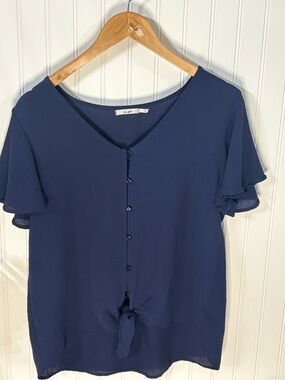 miami Navy Button-Front Tie Blouse